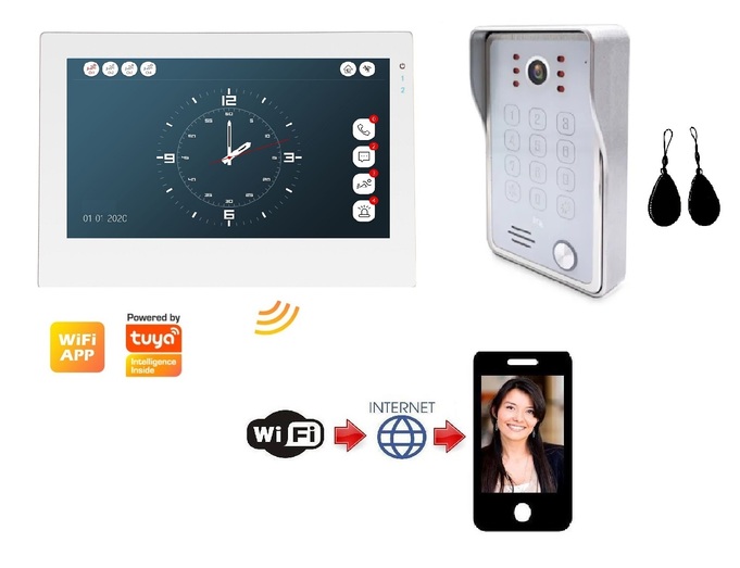 WiFi-s AHD 7 col IPS érintőképernyős IP kaputelefon SZETT. Kódzár és kártya. FlexiDoor. FS-703P214AW